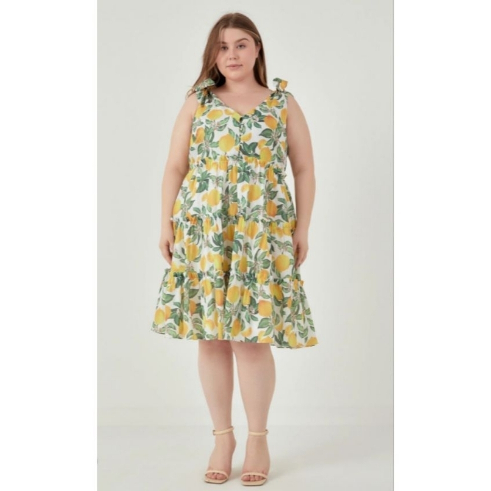 English Factory Lemon Print Tiered Mini  Dress Size 2X NWT